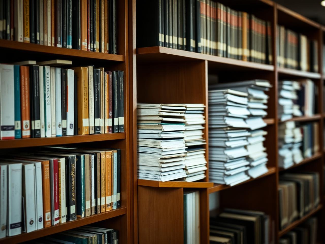 رفوف مكتبة أكاديمية بها كتب وملفات أوراق